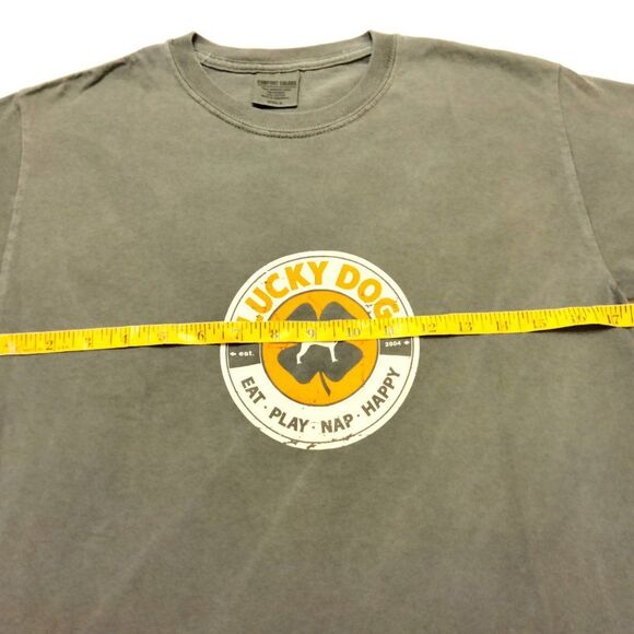 SMALL Lucky Dog Unisex Crewneck Short Sleeve Distressed Khaki Green Tee - Picture 5 of 9